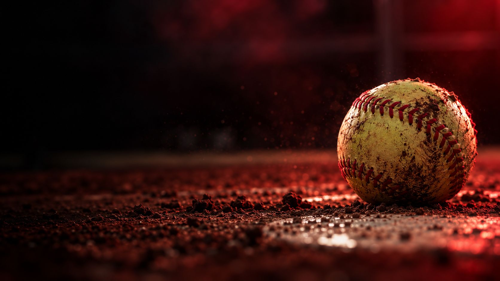 A muddy softball resting on an infield dirt in red light